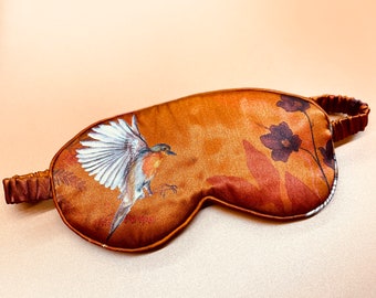 Silk eye mask in copper colour 'wild' floral design with flying robin