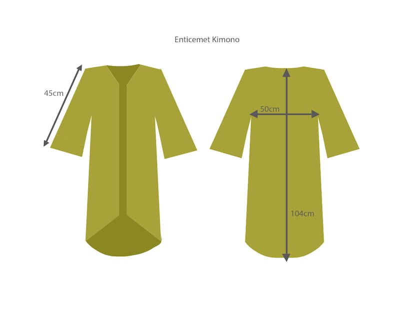 Op de afbeelding: Platte illustratie van een groene kimono met afmetingen in centimeters. De kimono wordt van voren en van achteren getoond. De tekst "Enticemet Kimono" staat bovenaan. De mouwlengte is 45 cm, de schouderbreedte is 50 cm en de totale lengte is 104 cm.
