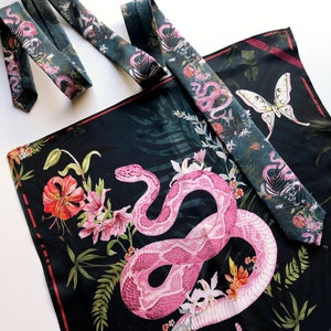Handrolled Silk Pocket Square & tie &#39;Enticement&#39; in Navy Blue with pink serpent, wedding gift set for him
