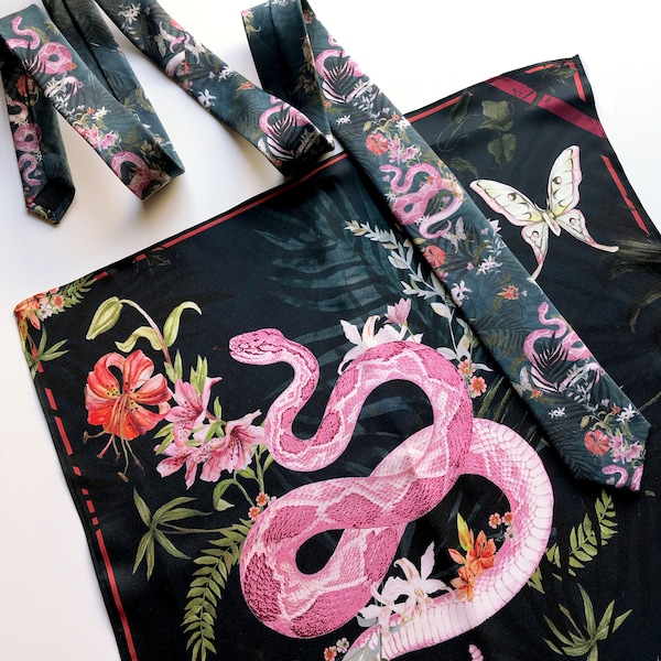 Handrolled Silk Pocket Square & tie 'Enticement' in Navy Blue with pink serpent, wedding gift set for him