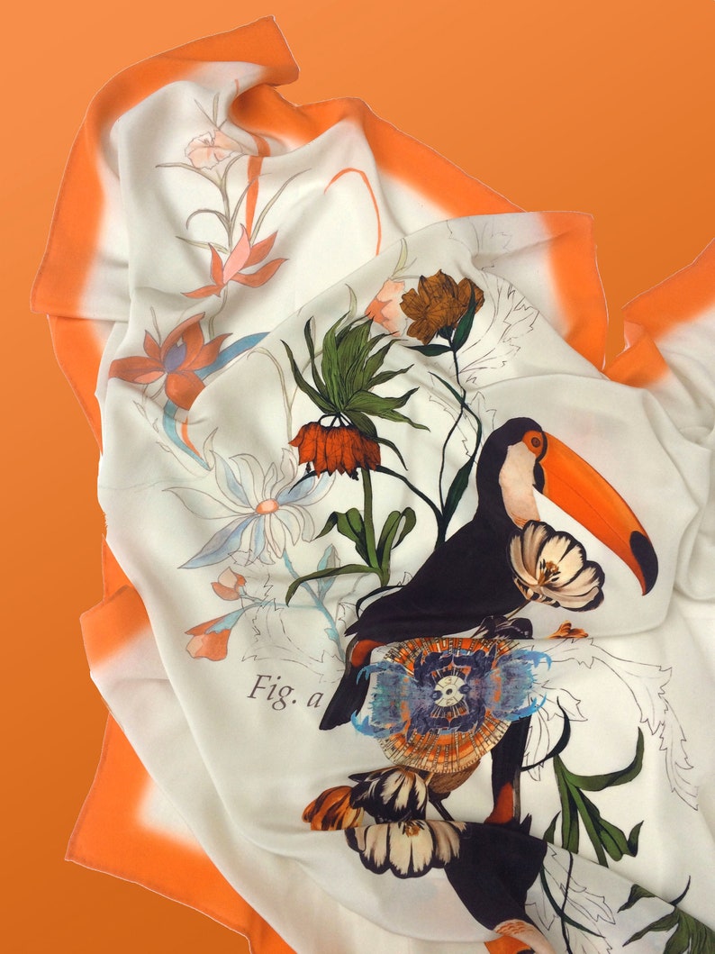 May include: A white silk scarf with an orange border and a colorful floral print featuring a toucan and the text "Fig. a".