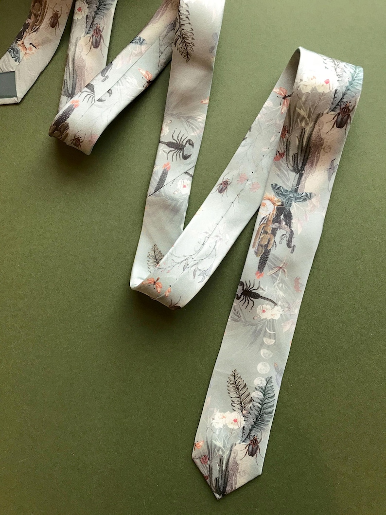Sage Green Silk Tie, Mirage Scorpion Cactus Print, Men's formal Tie image 10