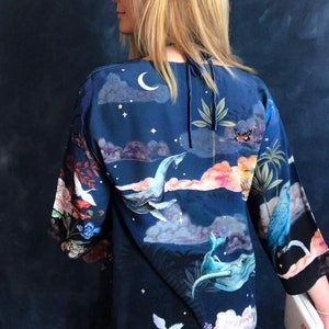 Blue Silk Kimono Jacket in the dreamy 'Wonderous' print, size L/XL image 4