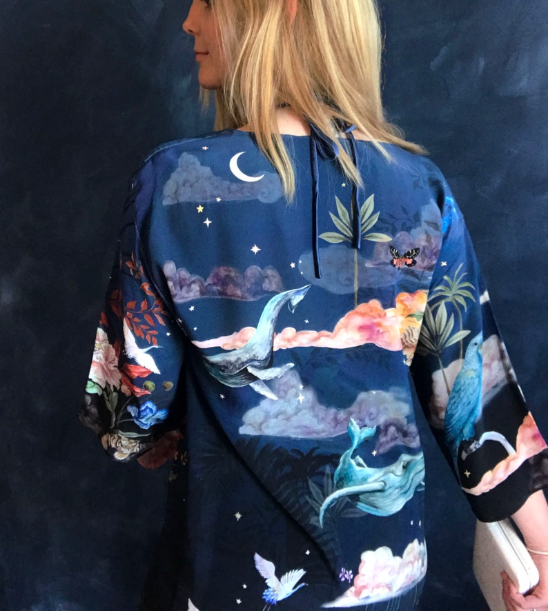 Blue Silk Kimono Jacket in the dreamy 'Wonderous' print, size L/XL image 4