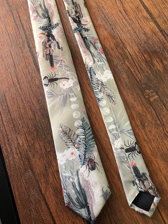 Sage Green Silk Tie, Mirage Scorpion Cactus Print, Men's formal Tie
