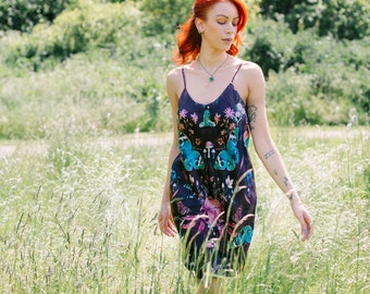 Butterfly 'Nectar' print silk slip dress with crystals and mushrooms