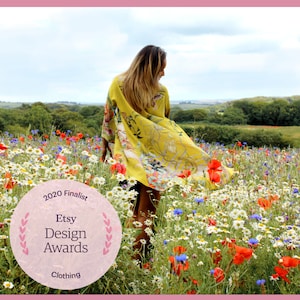 Silk Kimono Jacket in Chatruese yellow &#39;Enticement&#39; print- size L/XL handmade and unique illustrations- luxury lounging or evening wear