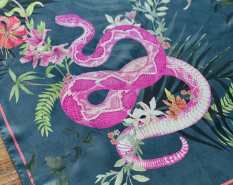 Dark navy silk pocket square in 'Enticement' print with floral pink snake design