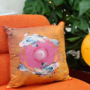 Koi watercolour art Cushion 'Golden pool' double sided design with fish illustration, made from Vegan friendly Suede