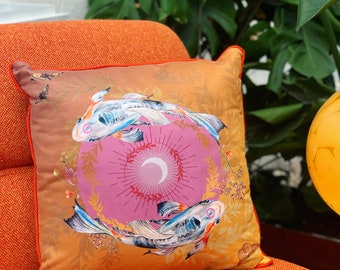 Koi watercolour art Cushion 'Golden pool' double sided design with fish illustration, made from Vegan friendly Suede