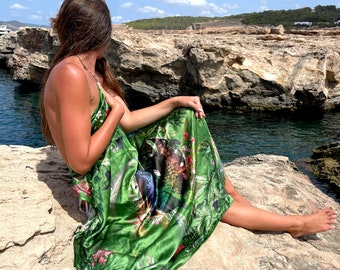 NEW 'Evissa' Large green silk scarf with mushroom and crystal print