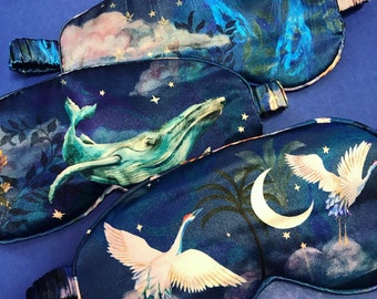 Navy Silk eyemasks for sleep or meditation in beautiful 'wonderous print' hand painted designs