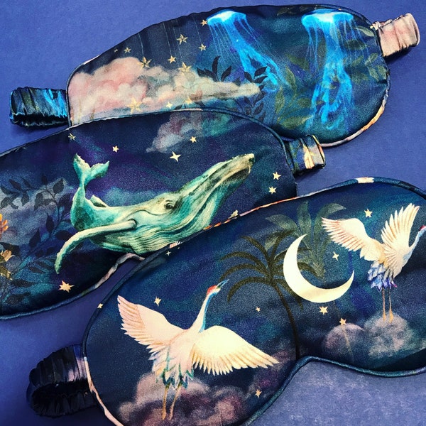 Navy Silk eyemasks for sleep or meditation in beautiful 'wonderous print' hand painted designs