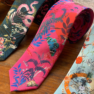 Fuchsia Pink Silk Tie with butterfly and floral pattern &#39;Nectar&#39; Men&#39;s Luxury Silk necktie