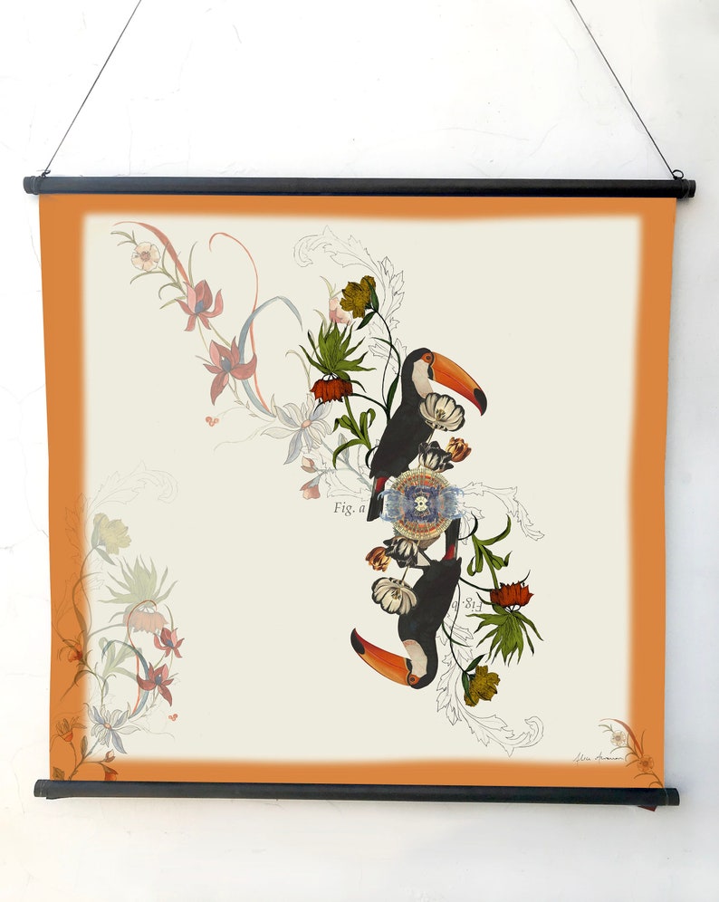 Women's Marrakech 100% Silk Tropical Toucan Carré Scarf in Orange and Blue – (92cm x 92cm)