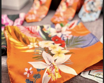 Rusty orange Silk Pocket Square in tropical floral 'Eden' print