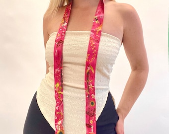 NEW pink Silk satin 'Mirasol' Ultra Skinny silk scarf with sunflowers