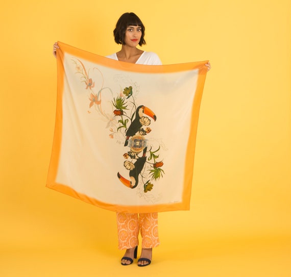 Orange square Silk Scarf with toucans and botanical artwork