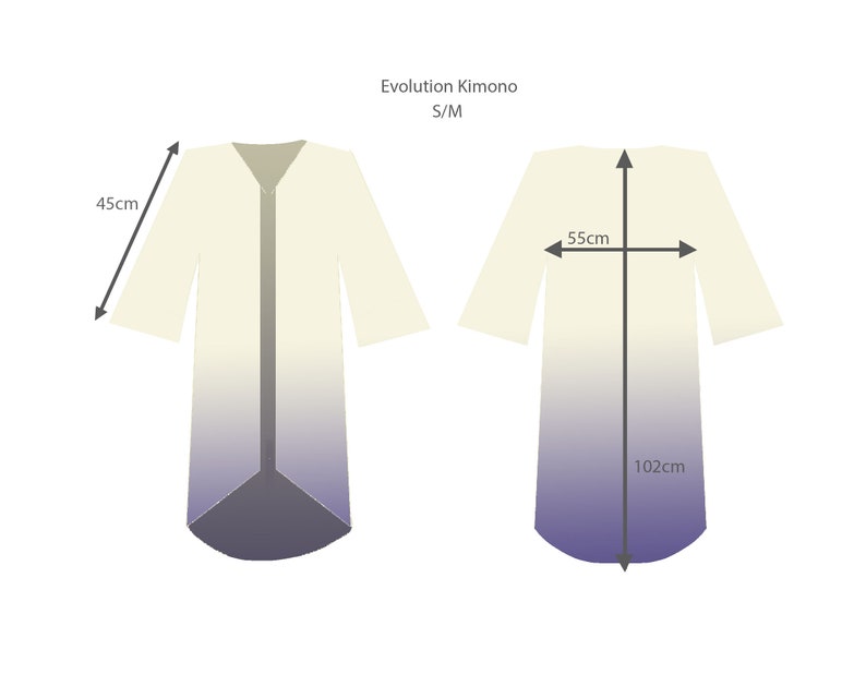 May include: Illustration of an Evolution Kimono in S/M size. The kimono is white at the top, fading to purple at the bottom. The sleeve length is 45cm, the width is 55cm, and the total length is 102cm.
