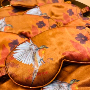 Silk eye mask in copper colour 'wild' floral design with flying robin image 2