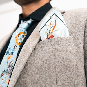 Light Blue Luxury Silk Pocket Square &#39;Evolution&#39; print with botanical design