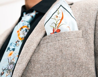 Light Blue Luxury Silk Pocket Square 'Evolution' print with botanical design