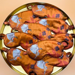 Silk eye mask in copper colour 'wild' floral design with flying robin image 3