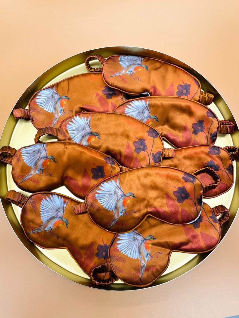 Silk eye mask in copper colour 'wild' floral design with flying robin image 3