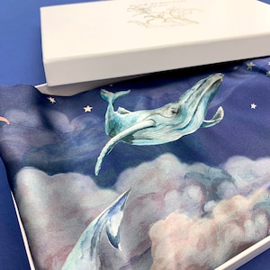 Blue Silk Pillowcase in hand painted &#39;Wonderous&#39; print, Oxford Pillowcase