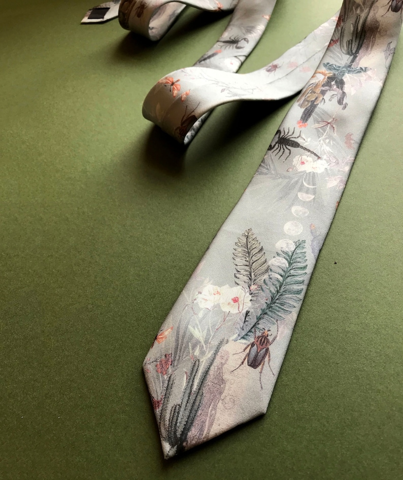 Sage Green Silk Tie, 'Mirage' Men's Luxury Tie in Sage Green with Scorpion illustration by Alice Acreman silks image 7