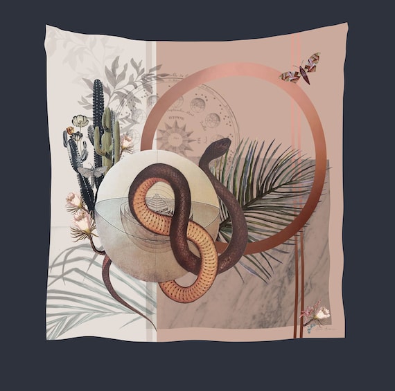 Snake Square Silk scarf 'Nevada' Silk is a Hand-painted in neutral tones with coiled serpent