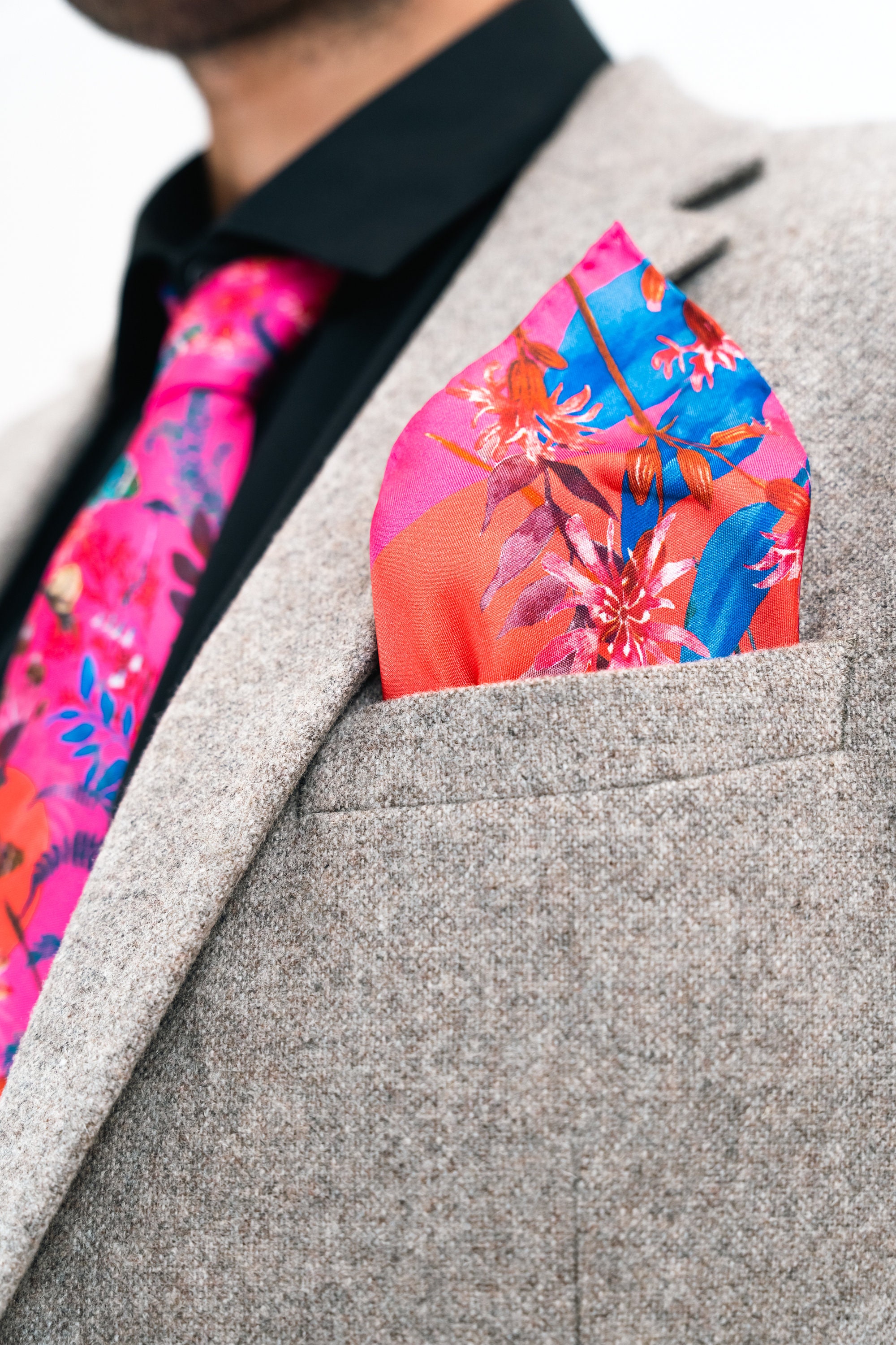 Fuchsia Pink Silk Pocket Square & Tie Set in Botanical Butterfly
