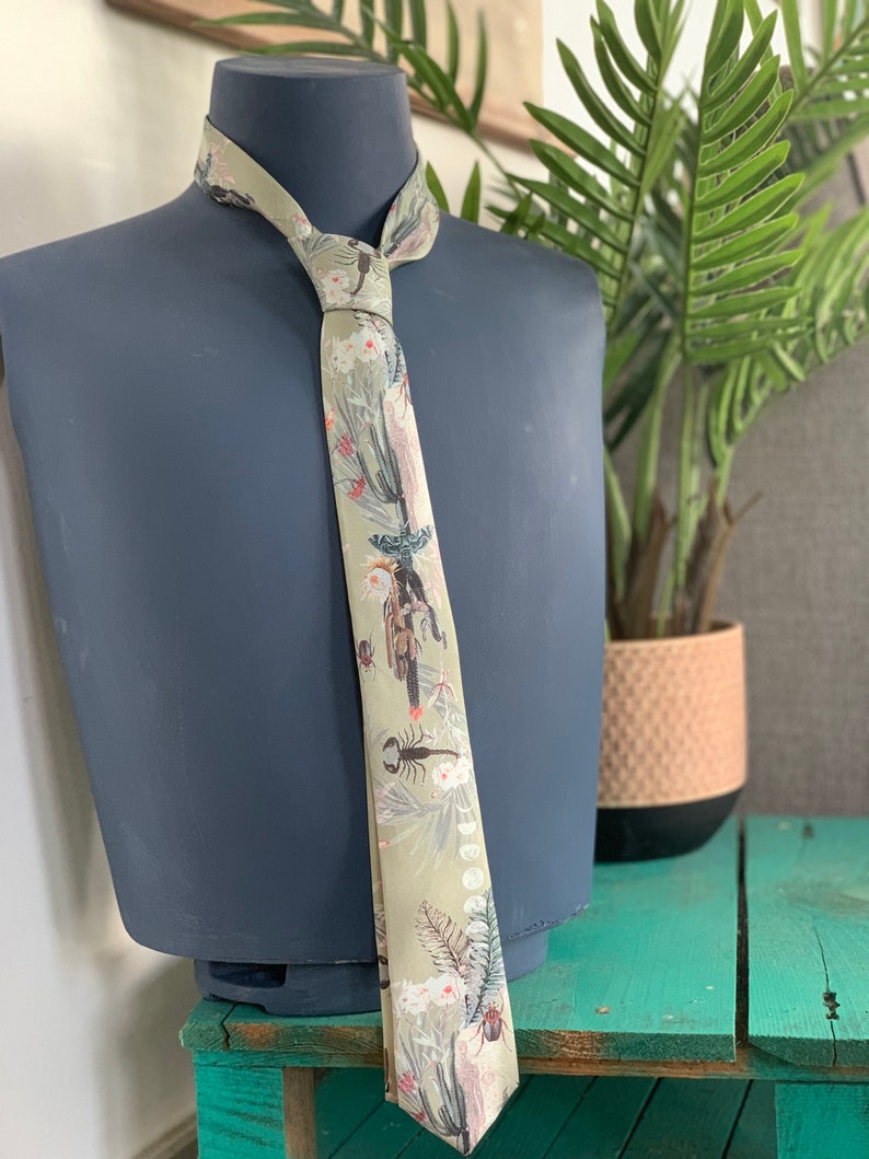 Sage Green Silk Tie, 'Mirage' Men's Luxury Tie in Sage Green with Scorpion illustration by Alice Acreman silks image 5