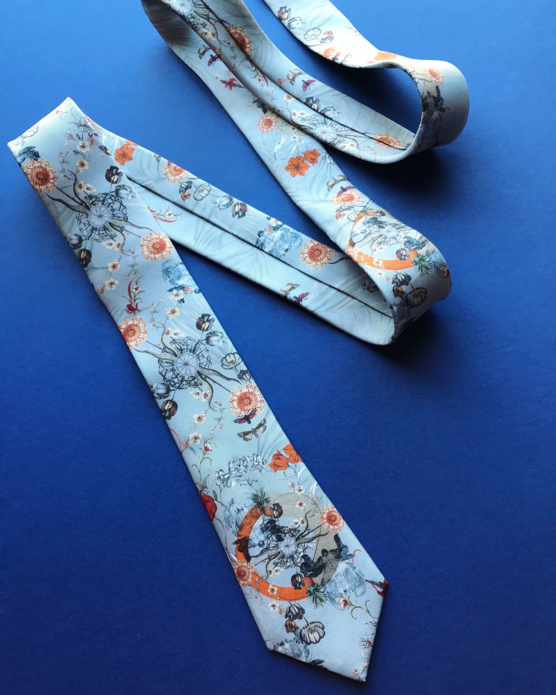 Light Blue Silk Tie With Floral Pattern 'evolution' Men's Luxury Silk Necktie - Etsy