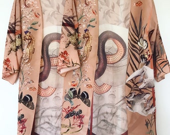 Luxury 'Mirage' Silk Kimono Jacket, Size L/XL. Handmade and unique illustrations- luxury lounging or evening wear by Alice Acreman Silks