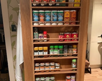 Solid Oak Spice Rack 6 Shelf Wooden Kitchen Storage for Walls & Larder Doors - 21cm to 57cm Wide (89cm Tall)
