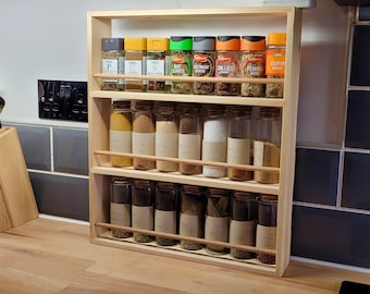 Spice Rack 3 Shelf Wooden Shelves Kitchen Storage Organiser for Spices and Herbs Jars - Worktop or Wall Mounted - 24.5cm to 56cm Wide (2023)