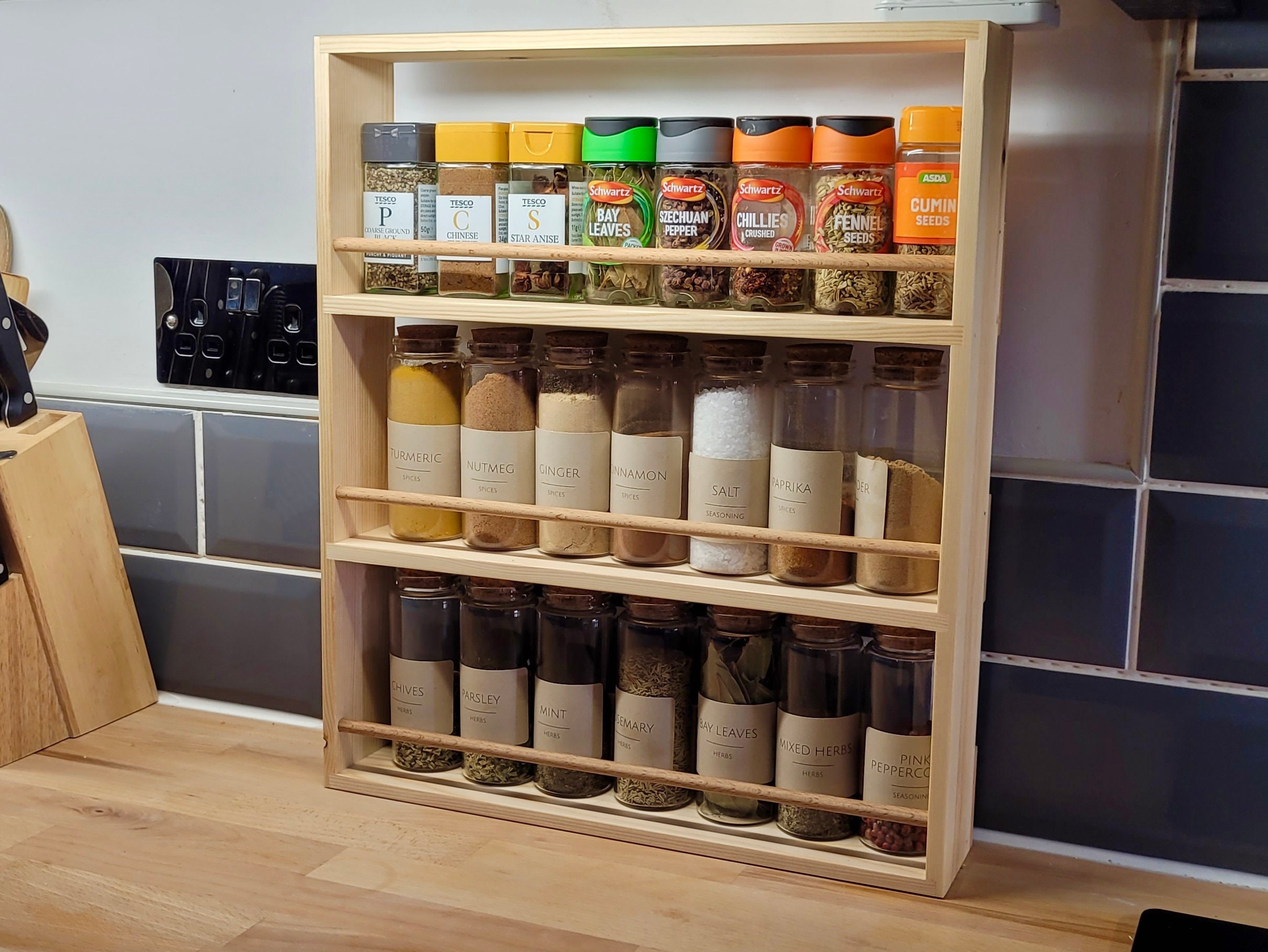 Oak Spice Rack 4 Shelf Deep Shelves for Jars Bottles Packets Wall