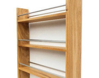 Spice Rack Solid Oak 5 Shelf / Tiers Deep Shelves for Kilner Jars Bottles, Packets, Wall Real Wood Kitchen Storage (25.5cm to 57cm Wide)