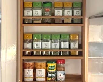 Solid Oak Spice Rack 2/3/4/5 Shelves Handcrafted Kitchen Cupboard Door Mounted Storage Organiser - Widths from 21cm to 57cm