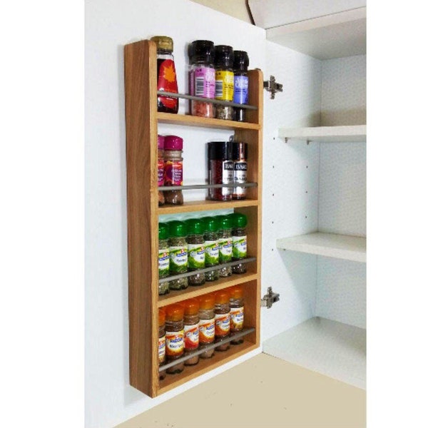 Solid Oak Spice Rack 4 Shelves for Kitchen Back of Door Rack Cupboard Hung Storage of Herbs Spices Jars Bottles Packets with Open Shelf