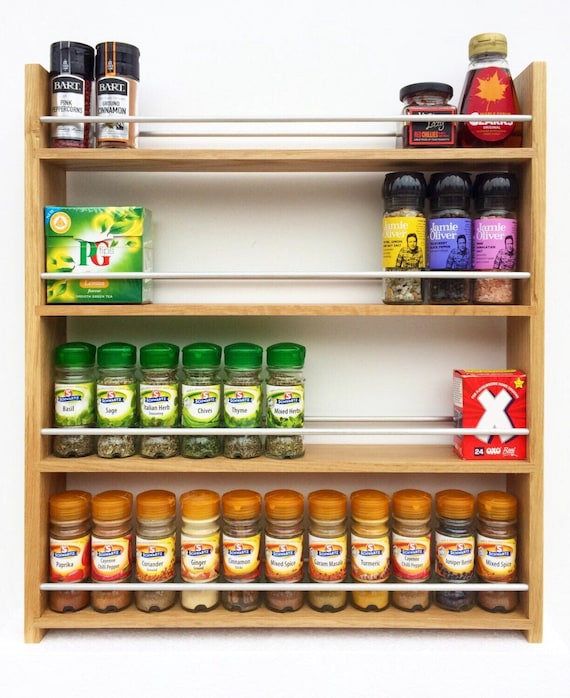 Oak Spice Rack 4 Shelf Deep Shelves for Jars Bottles Packets Wall Mounted  Wood Kitchen Storage Organiser Handmade Bespoke up to 57cm Wide 