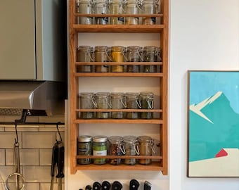 Solid Oak Spice Rack 4 Shelf for Kitchen Cupboard Door Slim Mounted Storage 58cm Tall - 21cm to 57cm Widths