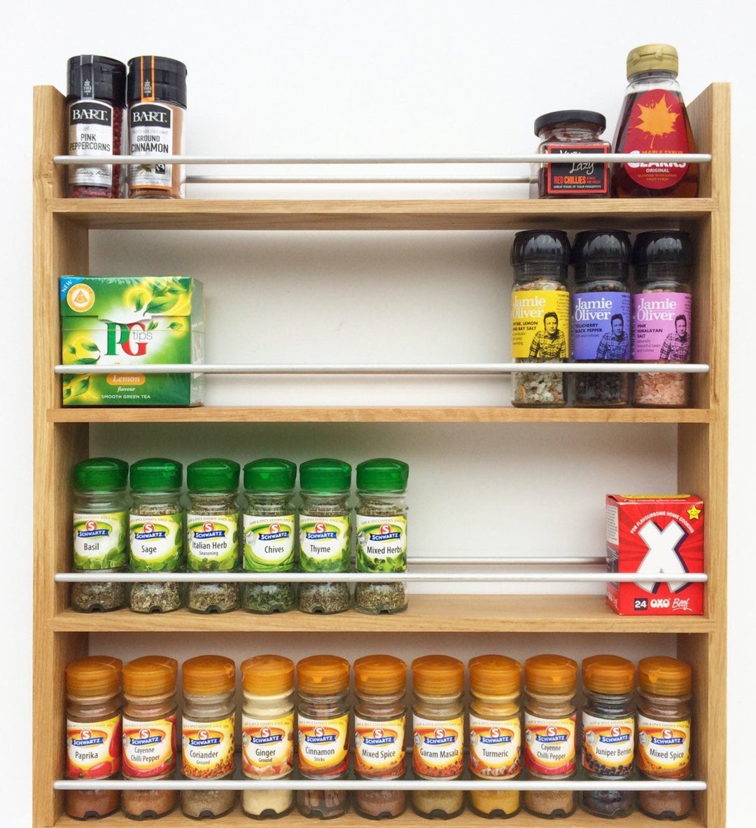 Solid Oak Spice Rack 5 Shelf Tiers Deep Shelves for Kilner Jars Bottles