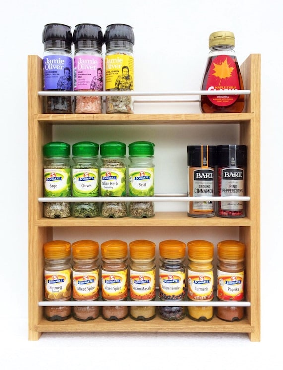 Oak Spice Rack 3 Shelf With Open Top Kitchen Storage for Herbs