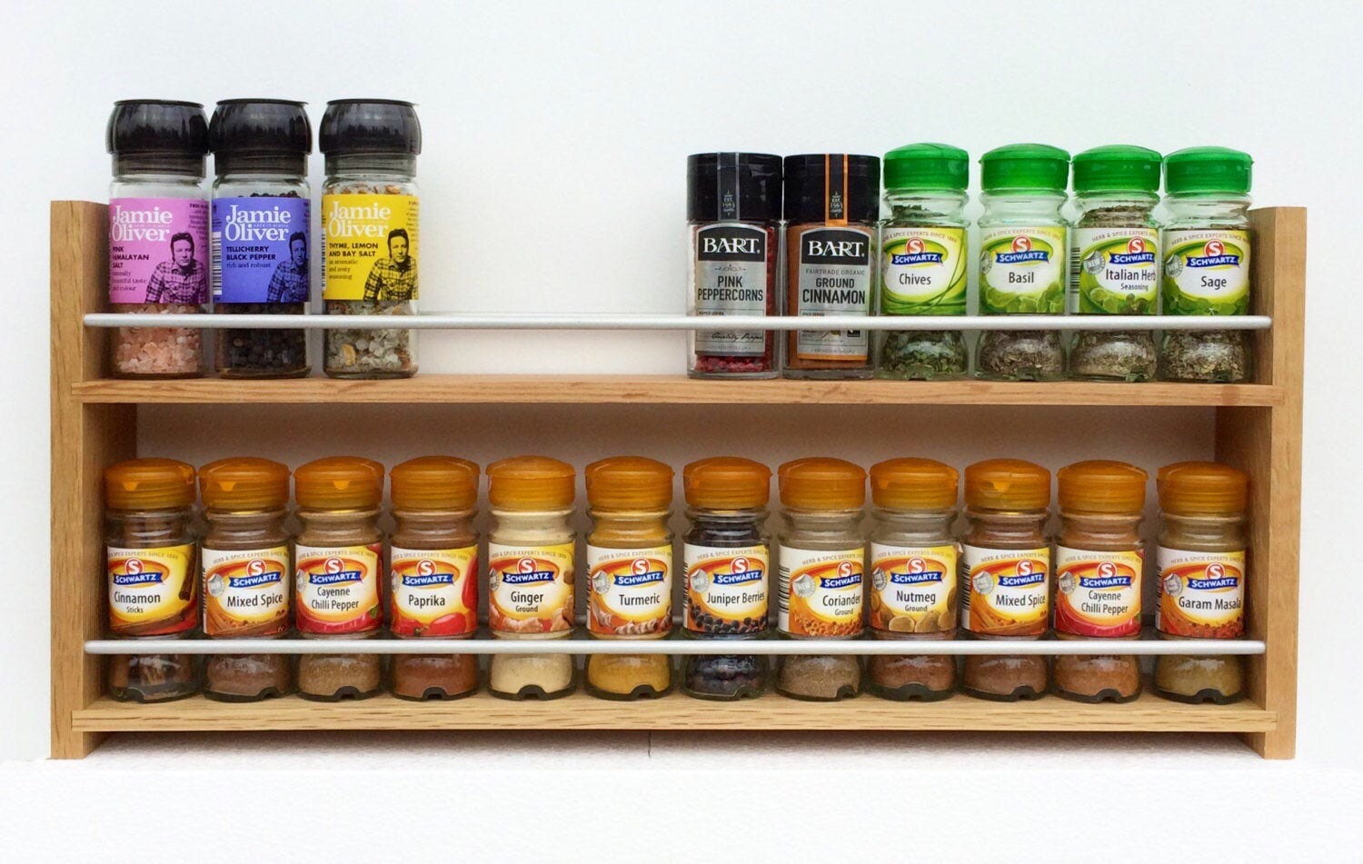 Oak Spice Rack 4 Shelf Deep Shelves for Jars Bottles Packets Wall