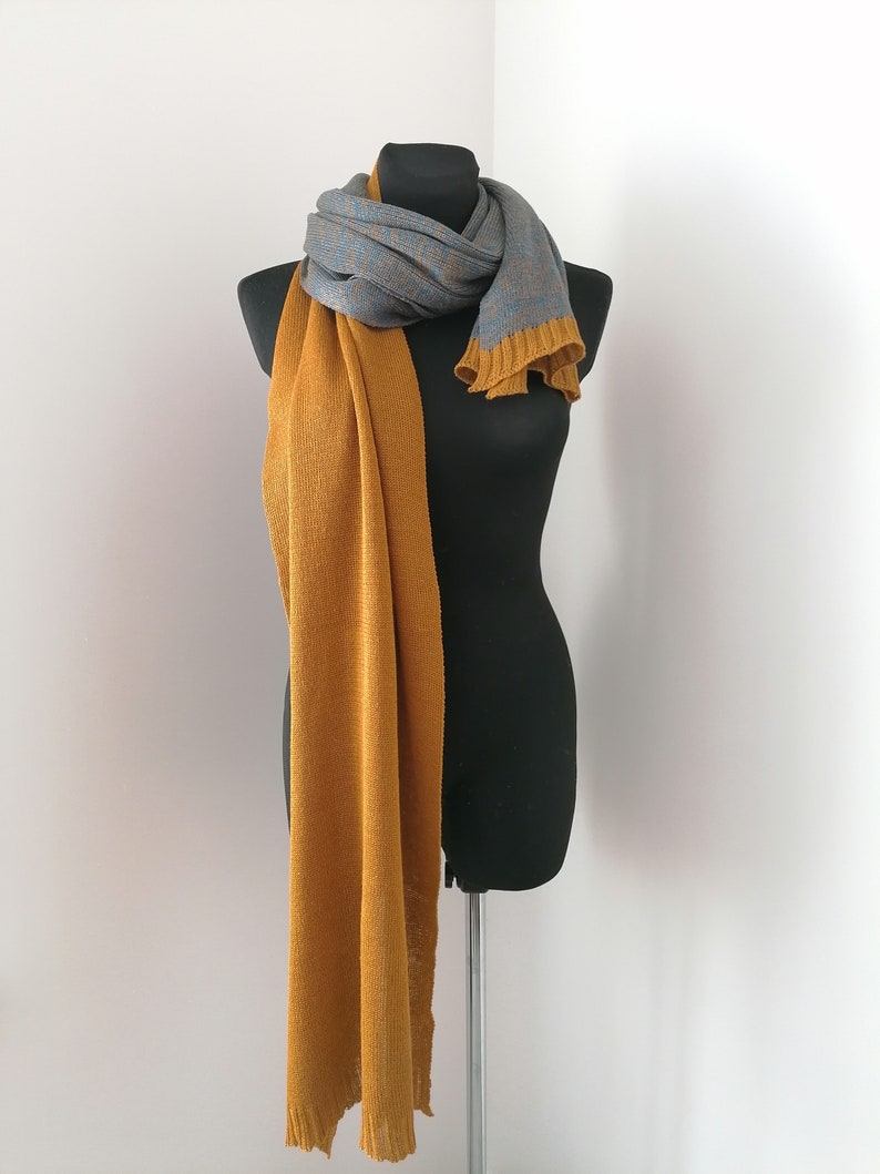 Linen Chunky Knit Scarf, Extra Long Scarf, Warm Soft Hand Knit Scarf, Yellow/Mustard Scarf, Gift for Her, Winter Accessories, Unisex scarf image 2