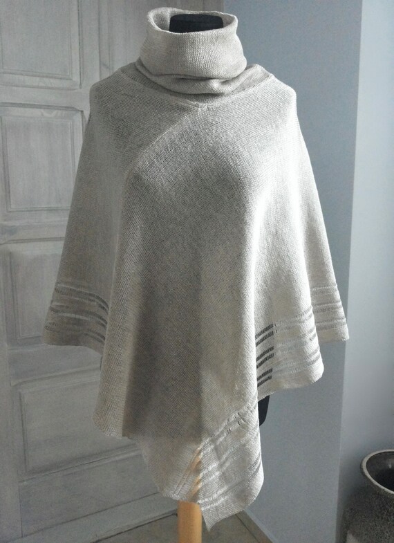 Natural 100% Linen knitted poncho with big turtleneck, Handmade Linen Sweater, Winter Autumn Sweater, Turtleneck Oversized Sweater