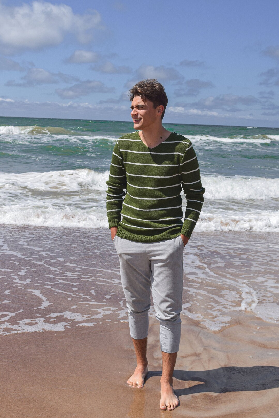 High-quality 100% Linen Knitted Striped Sweater for Men Linen - Etsy