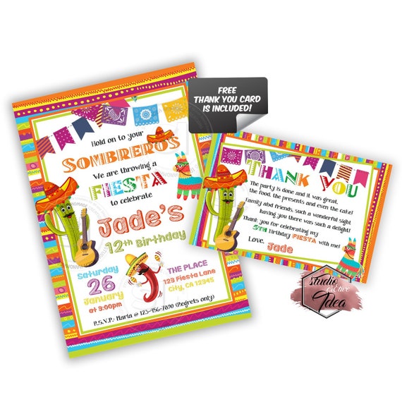 Custom Fiesta Party-Colorful Fiesta Birthday Printable Invitation- FREE Thank you Matching Tag is included-Digital file-You Print Il_570xn